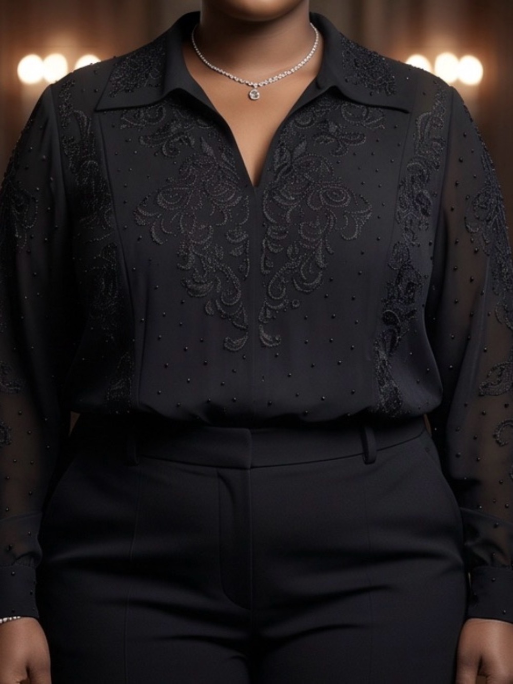 Vintage Ice Black Beaded Elegant Formal Sheer Long Sleeve Tunic Top - Picture 2 of 14